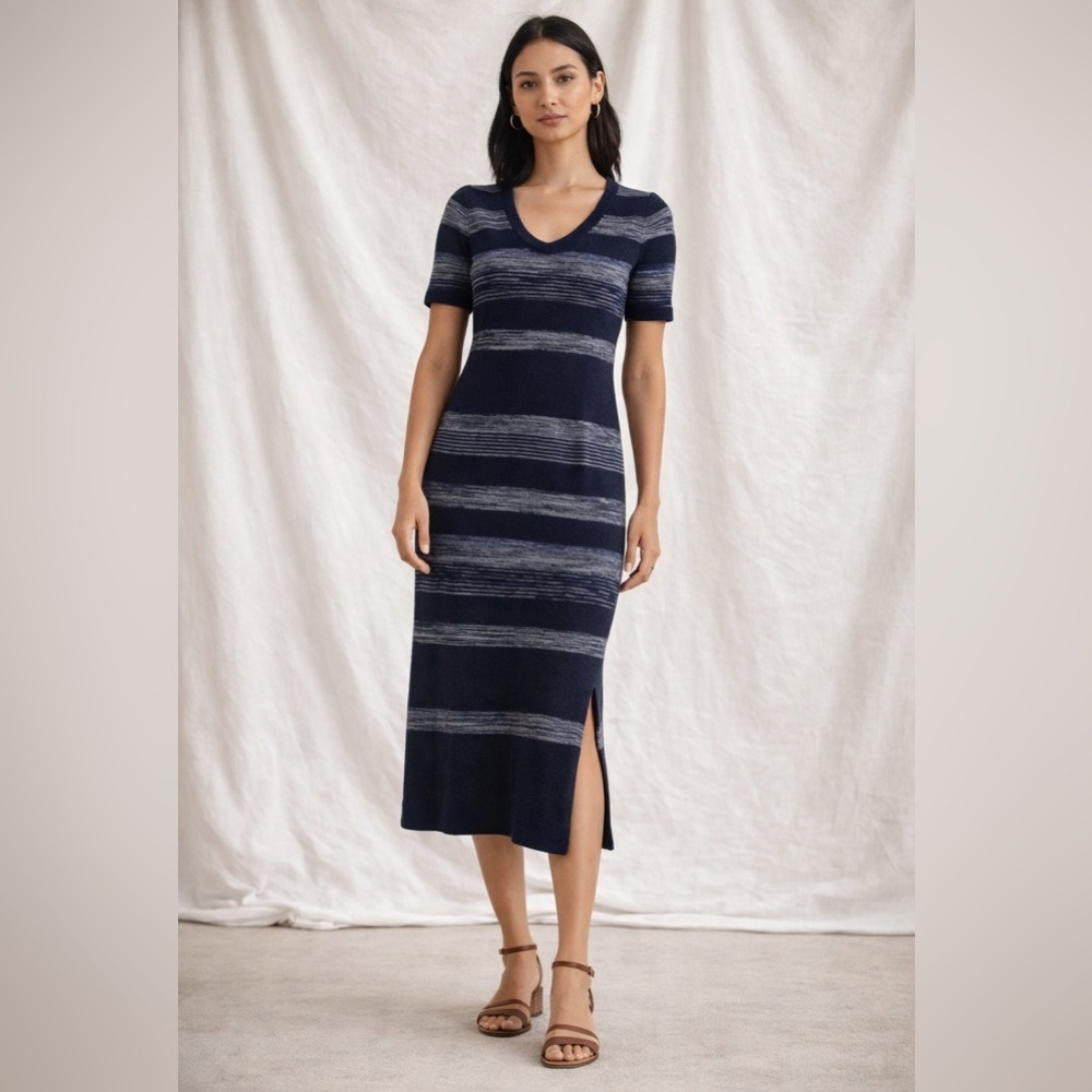 Navy and Gray Striped Midi Dress Merino  Short Sleeve Wool with Slits Office